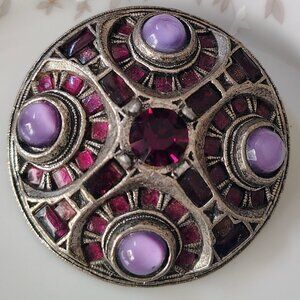 Vtg Rare Metal Miracle Britain Celtic Brooch Pendant Purple Glass Stones